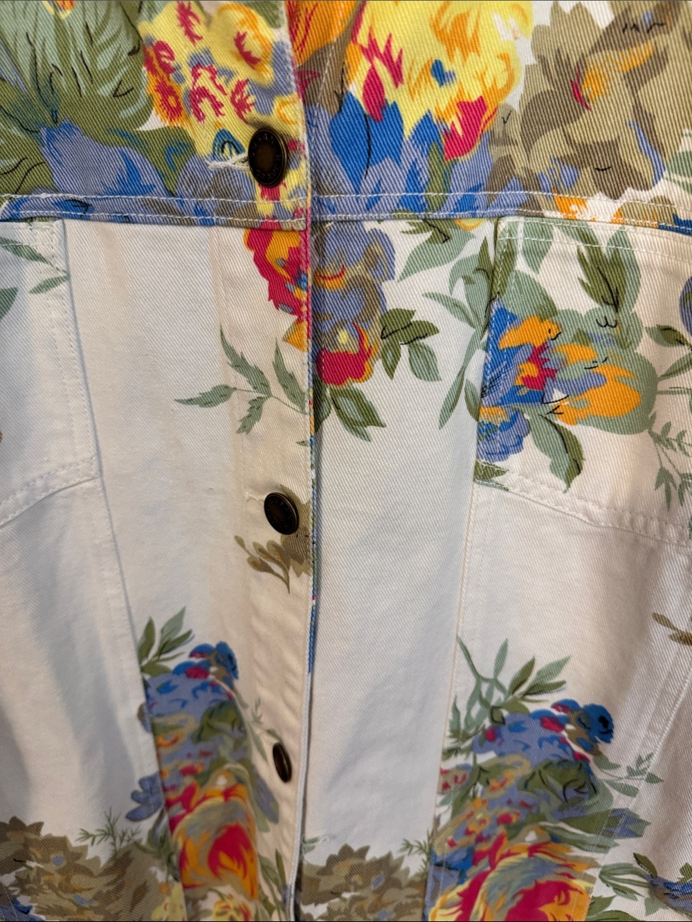 Susan Graver Floral Print Jean Jacket in Cream, Blue, Yellow, Red, Green - Picture 7 of 9